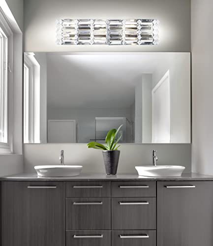 Image of JONATHAN Y 24.25 inch Chrome Modern Crystal Vanity Light, LED Bathroom Wall Sconce, 3-Light Fixture for Mirror, Glam Lighting with Clear Crystal Shade, Art Deco Makeup Wall Lamp (JYL7540A)