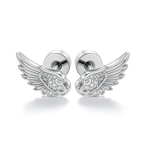 Angel Wing Stud Earrings for Women Flat Back Cartilage Earrings Zircon Crystal Stainless Steel earring Helix Piercing Jewelry