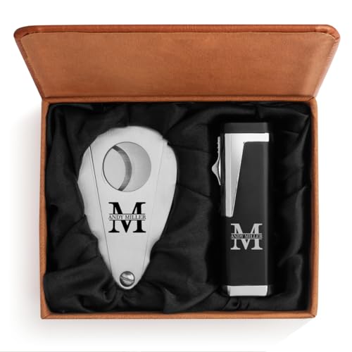 ROLYAD Engraved Stainless Steel Cigar Cutter & Black Triple Flame Torch Lighter Leather Box Personalized Custom (Block Initial Monogram), Brown