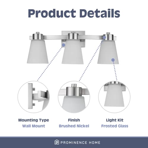 Image of Prominence Home Fairendale 3 Light Brushed Nickel Bathroom Vanity Light with Frosted Glass