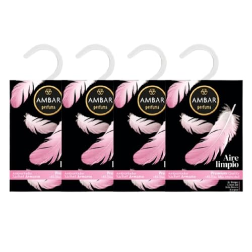 TIENDIFY - Pack Ambientadores Armarios Ámbar Perfums | 0% Alcohol | Perfume Premium Natural | +45 Días Duración | Fragancia Ropa Limpia Armarios y Cajones (PACK DE 4, AIRE LIMPIO)