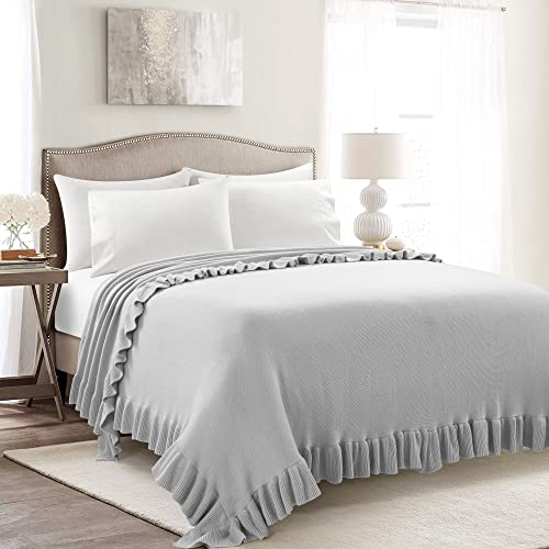 Image of Lush Decor Reyna Soft Knitted Ruffle Throw Blanket, 104 inch W x 88 inch L, Light Gray - Ruffled Bedding - Knit Blanket - Cozy Oversized Blanket For Bed or Couch - Vintage, Minimalist & Cottage Home Decor