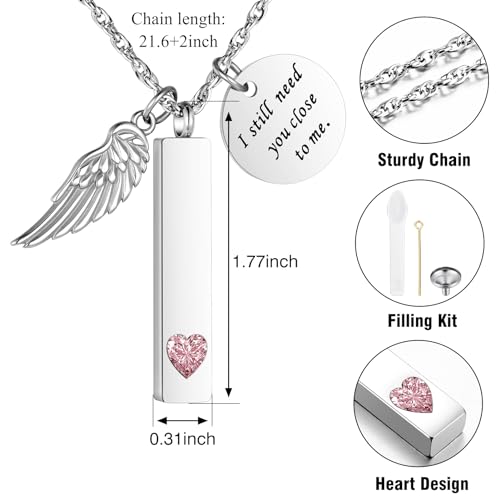 XIUDA Cremation Jewelry for Ashes with Angel Wing Charm Vertical Bar Urn Necklace Stainless Steel Memorial Keepsake Pendant for Women4