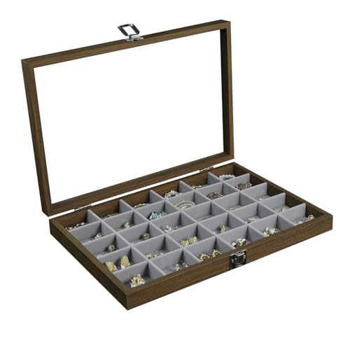 Stratalife Organizador de joyas de madera con 30 rejillas, organizador de joyas, bandeja de joyería con tapa, organizador de aretes, almacenamiento de joyas, estilo vintage