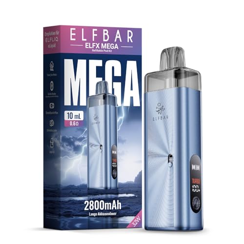 ELFX Mega Pod Kit 2800mAh Akkuträger 10ml Nachfüll Pod Dual Mesh Coil Pod-System für MTL & RDL Farbdisplay 2 Modi Eco & Turbo Zugautomatik Airflow Control USB-C Ohne Nikotin & Liquid Hellblau