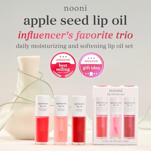 Image of NOONI Korean Lip Oil Set - Appleberry, Applepeony & Appleplum - Long-Lasting, Moisturizing, Revitalizing - Waterproof, No Peel Off, Stocking Stuffers (3EA, 0.12 fl oz)