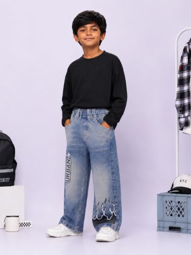 Image of KiddoPanti Boys Baggy Jeans | Stretch Denim Wide Leg Jeans | Elastic Waist Casual Denim Pants | Cotton Blend Loose Fit with 4 Pockets | Kids Street wear | 2-14 Years