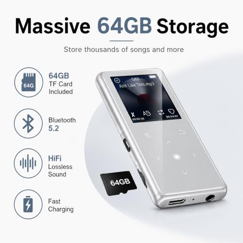 Image of 64GB MP3 Player with Bluetooth 5.2, AiMoonsa Music Player with Built-in HD Speaker, FM Radio, Voice Recorder, HiFi Sound, E-Book Function, Sliver