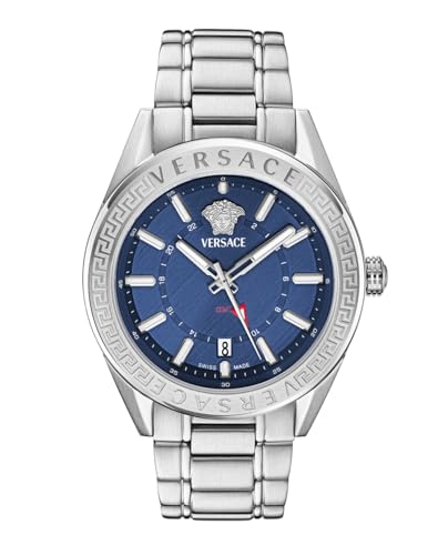 Versace V-Code GMT Collection Luxury Mens Watch Timepieces with a Silver Bracelet Featuring a Stainless Steel Case and a Blue Dial