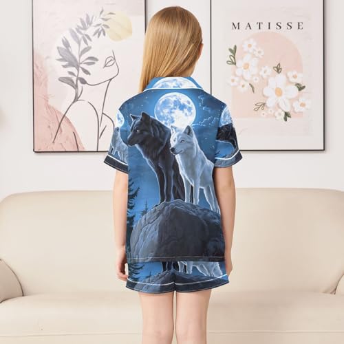ALAZA Wolf Black White Moon Blue Satin Pajamas Set Short Sleeve Button Down Sleepwear Summer Pjs 2 Piece4