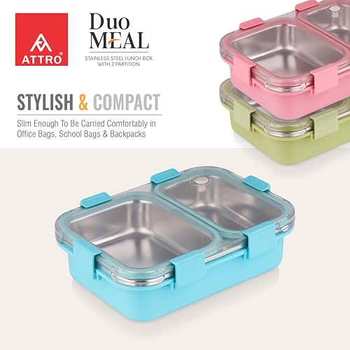 Image of ATTRO Duo Meal Stainless Steel Lunch Box with 2 Partition, Microwave Safe, Airtight Leakproof Silicone Seal Lid, BPA-Free Food Grade Tiffin Box for Office School Kids - 650ml - Blue