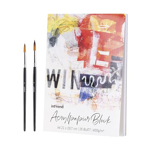 int!rend Papel Acuarela A4 y Acrílico - Cuaderno Acuarela y Pintura Acrílica de 25 hojas 400 g - Cuaderno Acuarelas con 2 Pinceles - Block Acrilico Blanco