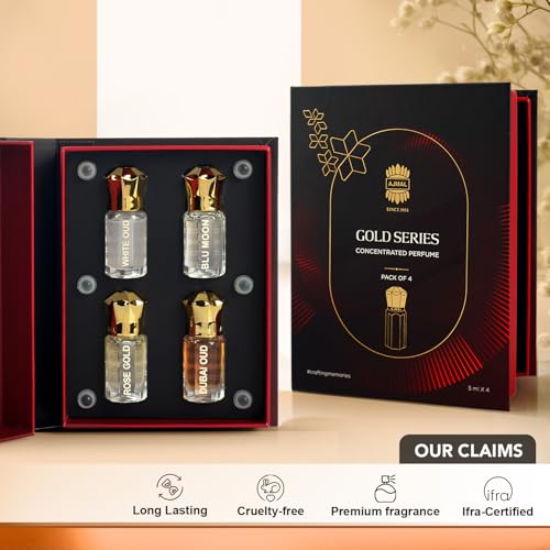 Image of Ajmal Gold Series Attar Perfume Gift Set Pack of 4, Dubai Oud, Blu Moon, White Oud, Rose Gold - 5ml each Non-Alcoholic Attar | Alcohol-Free Ittar for Men & Women | Versatile Office /Work Unisex Cologne