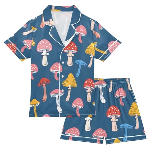 ALAZA Colorful Mushroom Blossom Blue Pajamas Satin Pajama Set Short Sleeve Button Down Sleepwear