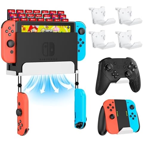 Wall Mount for Switch with 28 Game Cards Holder and 6 Pack Controller Wall Mount for PS5, Xbox, Switch Controller Wall Mount Stand for Switch and Controller (White) Cover