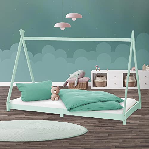 ML-Design Lit d'enfants Tipi 90x200 cm avec Sommier à Lattes, en Bois Massif, Menthe, Tente Indien...