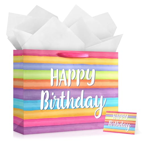 Image of JMANNI Colorful Large Happy Birthday Gift Bag with Tissue Papers and Greeting Card, Portable Paper Gift Bags with Handles, Present Bags for Women Girls Birthday Party Supplies 13 inch x 10.2 inch x 4.7 inch