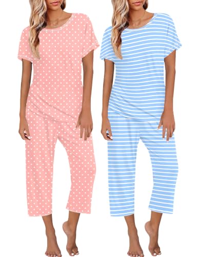 Image of Ekouaer 2 Pack Womens Pajamas Sets Short Sleeve Tops and Capri Pants Pjs Colorful Printed Sleepwear Sets