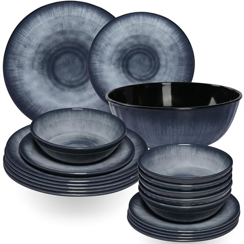 Service de vaisselle Jesolo en mélamine gris pour 6 personnes - 19 pièces avec saladier - Aspect grès - Passe au lave-vaisselle - Vaisselle de camping - Accessoires de camping - Vaisselle pour