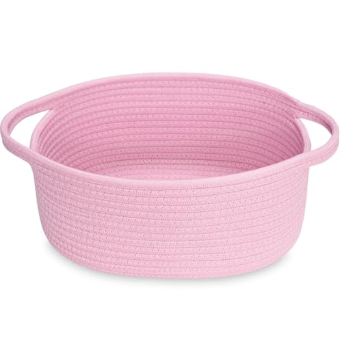 Cestino regalo intrecciato rosa con cellophane, fiocco, corda di cotone, nastro e biglietto