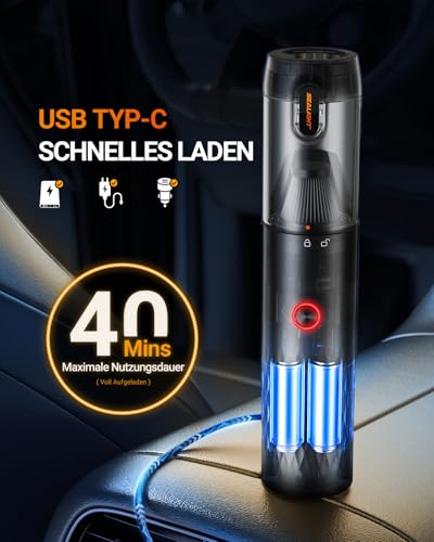 SEALIGHT Akku-Autostaubsauger Leistung, Handstaubsauger für Auto mit Hoher Leistung, Typ-C-Aufladung, 2 Saugmodi, Bis zu 40 Min Laufzeit, Kleiner Mini-Staubsauger für Auto, Tierhaare, Zuhause