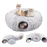 Katzentunnel, Tunnel für Katzen Rund mit Schlafplatz & Bed,Multifunktionales Faltbar Katzen Tunnel Katzenhöhle mit Spielball Interaktives Spielzeug für Indoor Kitten (Grau)