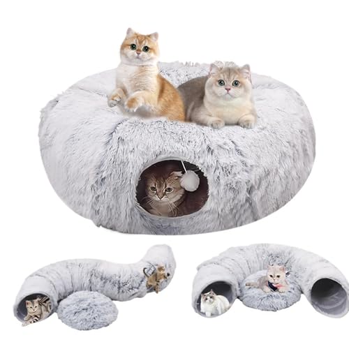 Katzentunnel Tunnel für Katzen Rund mit Schlafplatz & Bed Multifunktionales Faltbar Katzen Tunnel Katzenhöhle mit Spielball Interaktives Spielzeug für Indoor Kitten (Grau)