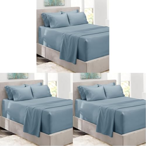 Image of Hearth & Harbor Extra Deep Pocket Queen Sheets Set - Fits Mattress 18-24 Inches Deep - 6 Piece Queen Size Sheets - Stone Blue (Pack of 3)