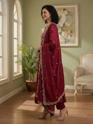 Image of Yashika Women's Silk Blend Embroidered Anarkali Kurta Set with Dupatta | Full Length Ethnic Wear for Women | Wedding