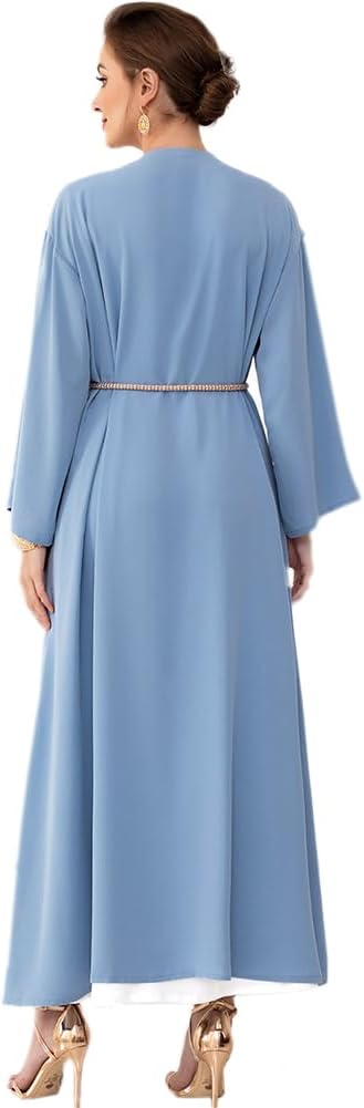 IDOPIP Muslim Abayas for Women Long Sleeve Open Front Cardigan Rhinestone Applique Islamic Dubai Maxi Kaftan Dress with Belt - Image 2