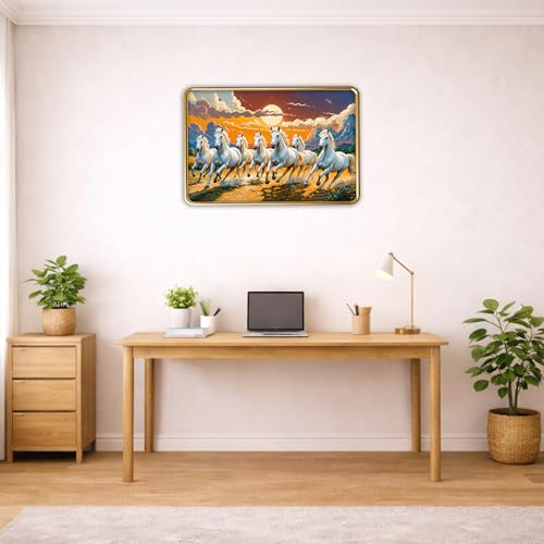Image of XOPY Seven Running Horses with Golden Frame | Vastu 7 horses Raw Pyrite Painting for Home, Office & Living Room Wall Decore | 12X18 Inch Sparkle Laminated Frame | Best For Gifting (53315, 12X18)