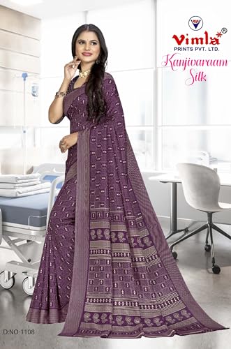 Image of Vimla Women's Kanjivaram Silk Uniform Saree and Unstitched Blouse Piece | Office School Uniform Saree For Women | Sari for Women