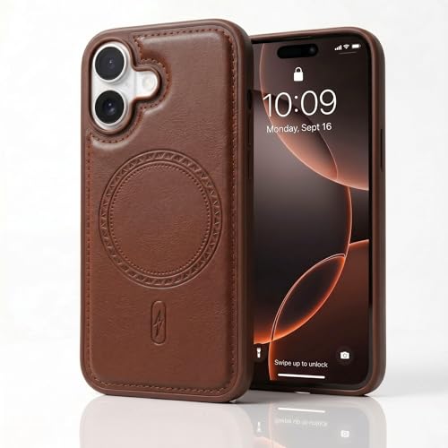 Image of amazon basics Premium PU Leather Case for iPhone 16, MagSafe Compatible Magnetic Ring, Sleek Protective Back Cover - [Brown]
