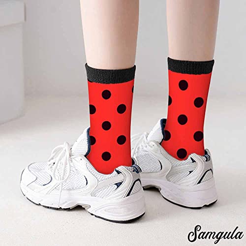 Image of Red Striped Crew Socks for Woman Size 6-8 Christmas Tree Moose Snowflake Dots Lines Girls Socks