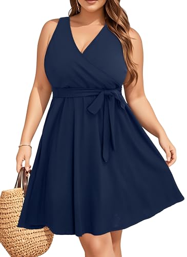 Image of Holipick Women's Plus Size Sleeveless V Neck Wrap Sundress Summer Casual Dress with Pockets