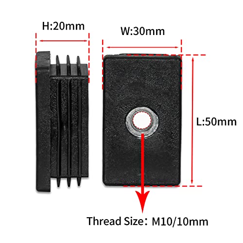 Image of Flyshop Black M10 Threaded Plastic Plugs Rectangle Tube End Caps Tubing Plugs Inserts Furniture Glider 30 mm x 50 mm 4 Pcs