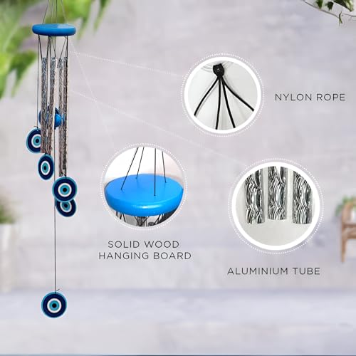 Image of Evil Eye Wind Chimes for Balcony & Positive Energy - 5 Metal Pipes with Nylon Thread & 6 Wooden Evil Eyes with Melody Sound for Relaxation and Calmness
