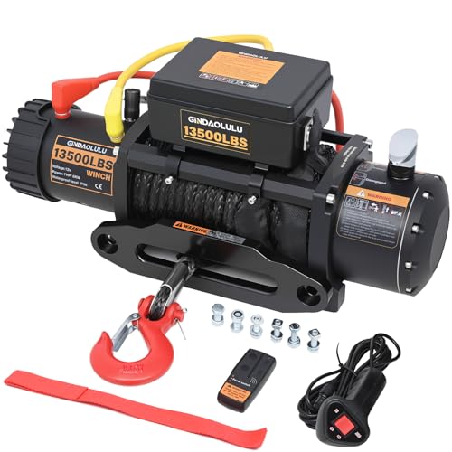 GINDAOLULU 12V Electric Winch 13500LBS Load Capacity Trailer Winches with Synthetic Rope Towing Winches for Jeep Truck SUV and More