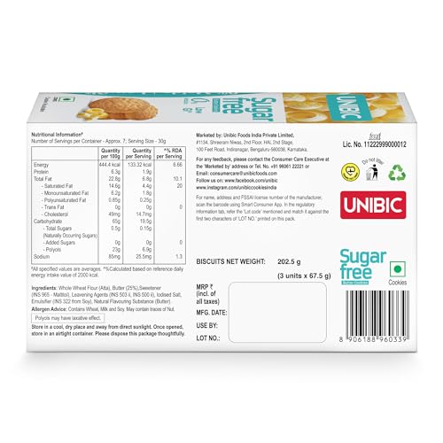 Image of Unibic Sugar Free Butter Cookies 202.5g I Low GI No Maida I Sugar-Free Snack I Healthy Cookies (weight may vary) Pack of 2