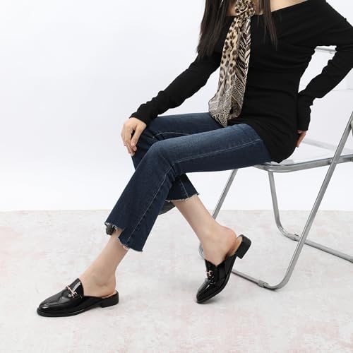 Image of WAYDERNS Mules for Women Slides Loafer Shoes with Low Block Heel Round Closed Toe Comfortable Casual Patent Slip on Backless Loafers Work Business Office Shopping Buckle Mules