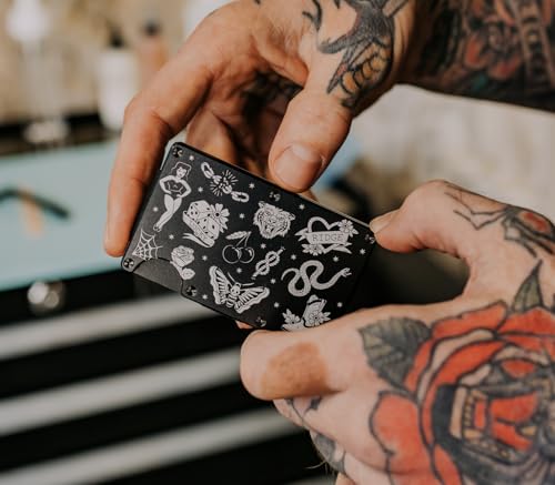 Image of Ridge Wallet for Men - Slim Minimalist Compact Wallet and Card Holder, RFID Protected Front Pocket Wallets for Men with Integrated Cash Strap, American Traditional Tattoo B&W, One Size, Hex Ridge