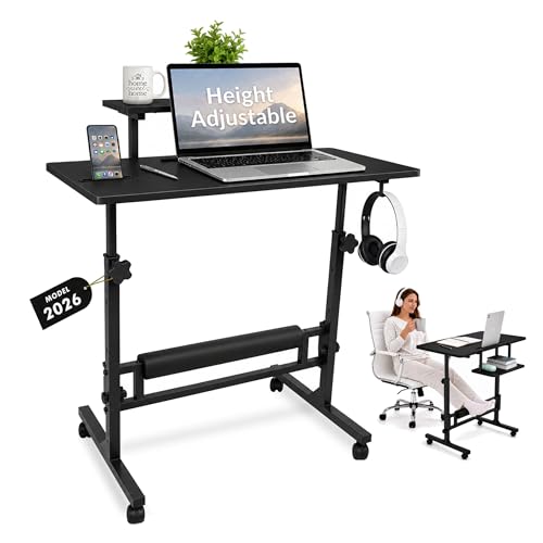 Image of Small Rolling Desk with Wheels, Adjustable Height 27 inch-43.3 inch Portable Standing Desk, 31.5 inchx15.7 inch Tabletop, Mobile Laptop Computer Table for Home Office Workstation, Black