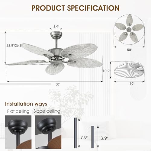 Wiviniya 50 Inch Tropical Ceiling Fan no Light, Palm Leaf Waterproof Outdoor Ceiling Fans for Patios Porch, Remote/APP Control, Wet Rated, 6 Speeds, Reversible Quiet DC Motor, Dark Brown by Wiviniya - Used condition - Image 5
