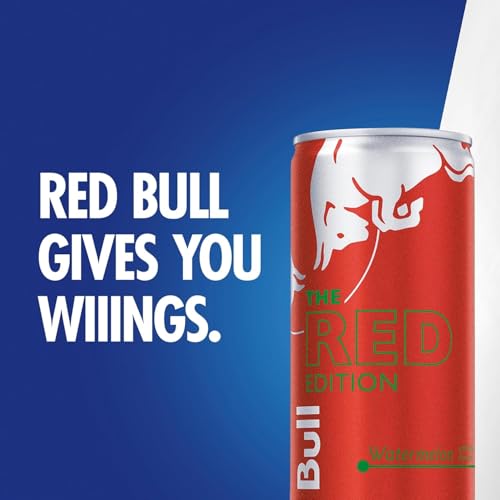 Image of Red Bull Red Edition Energy Drink, Watermelon, with 114mg Caffeine plus Taurine & B Vitamins, 12 Fl Oz, 6 Packs of 4 Cans (Pack of 24)