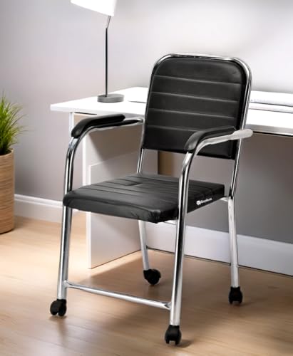 Image of Revolving Executive Manager Office Visitor Study Chair With Arm Rest & Wheels - Steel Frame, Cushion Seat Back, Holds up to 100 kg (Black)