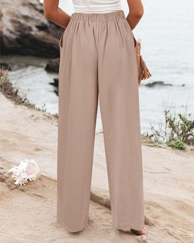 Smoneyful Womens Casual Pants High Elastic Waisted Wide Leg Linen for Palazzo Boho Flowy, Long Trousers for Work or Lounge3