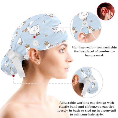 Image of Butterfly Scrub Cap Women with Ponytail & Buttons Adjustable Surgical Nurse Hat with Cotton Sweatband for Long Hair