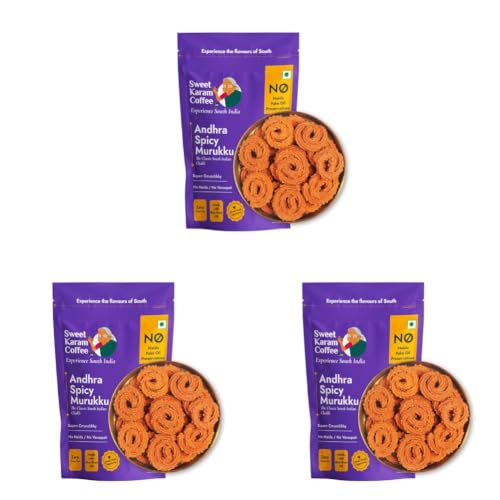 Image of Sweet Karam Coffee Andhra Spicy Murukku - 95grams | No Palm Oil or Preservatives | South Indian Chakli Snack | Crispy & Spicy Tea-Time Namkeen | Festive Special | Homemade Crunchy Treat (Pack of 3)