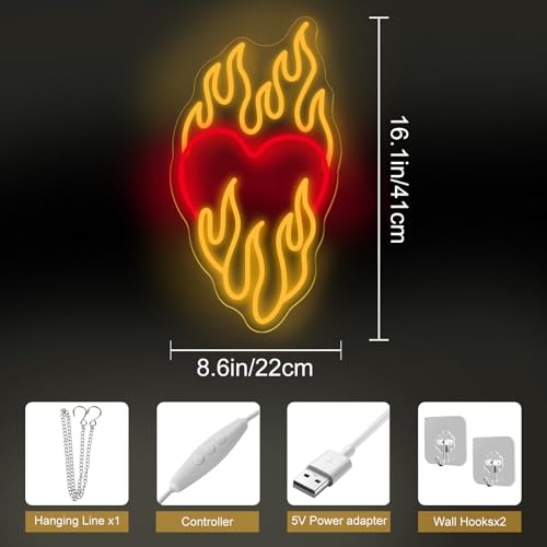 Image of Heart With Fire Neon Sign, Love Neon Light, Party Sign, Burning Heart Neon, Valentines Day Gift Home Wall Decor Room Decoration, 16.1 inchx8.6 inch