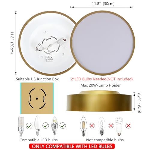 Image of 2-Light Modern Gold Flush Mount Ceiling Light 11.8 Inch